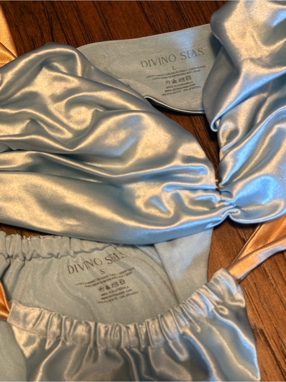 Ruched Light Blue Bikini Set with Beige Straps - Picture 9 of 10
